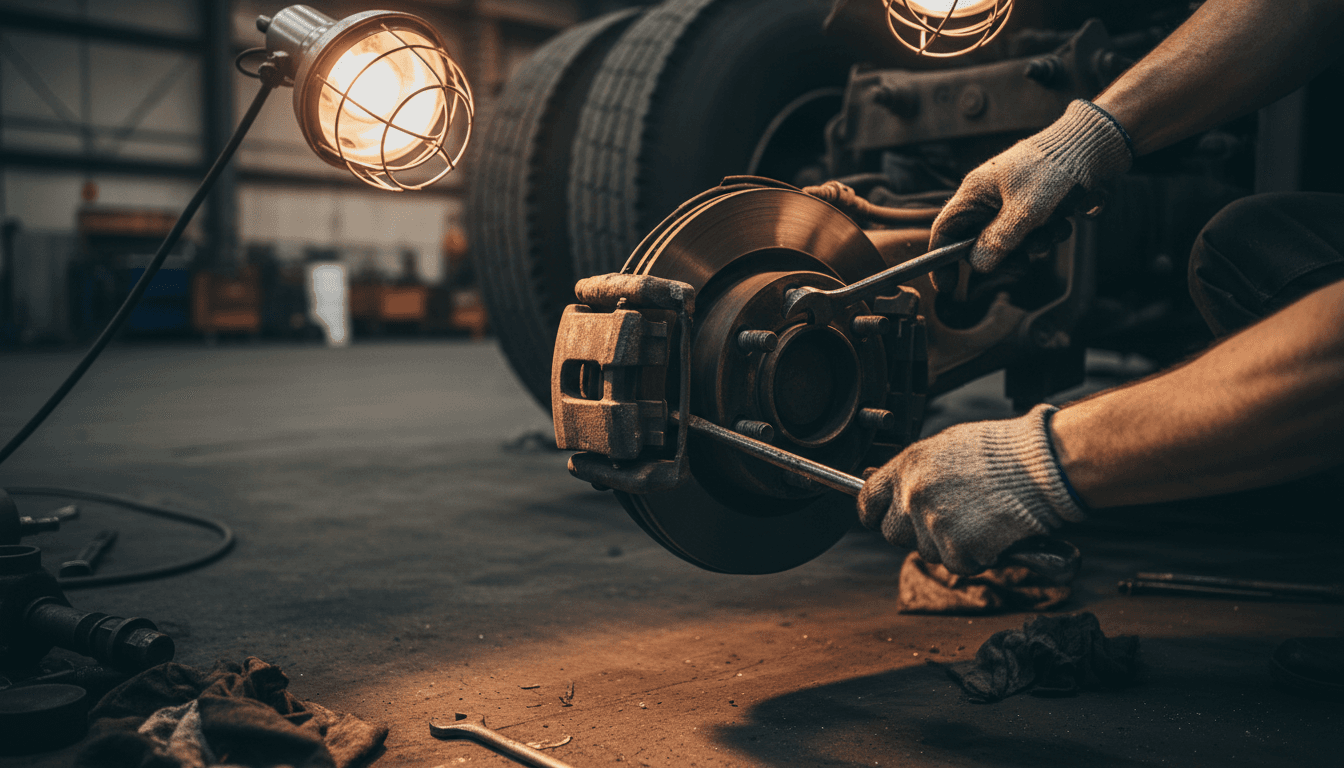 Mechanic performing brake inspection on semi-truck wheel assembly